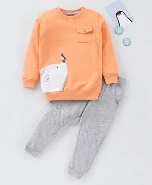Babyhug Cotton Knit to Knit Full Sleeves Bear Patched Tee & Lounge Pant - Orange & Grey