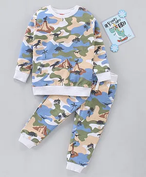 Babyhug Full Sleeves Camouflage Tee and Pants Set Dino Print - Multicolor