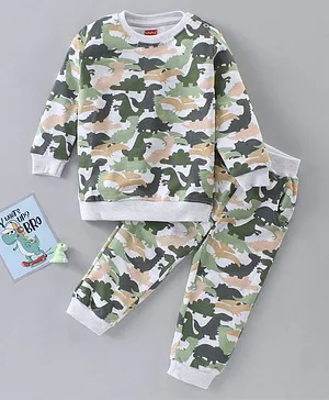Babyhug Cotton Knit to Knit Full Sleeves Dino Printed Tee & Lounge Pant - Camoeflauge