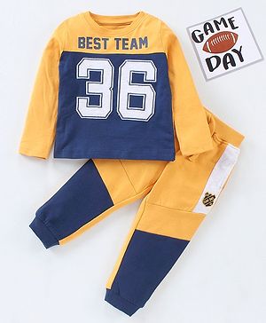 Babyhug Cotton Knit to Knit Full Sleeves Numeric Printed Tee & Lounge Pant - Blue & Orange