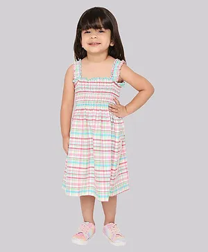 Knitting Doodles Sleeveless Smocked Bodice Madras Chequered Dress - Pink