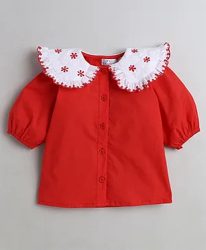 Knitting Doodles Three Fourth Sleeves Chemical Schiffli Embroidered Peter Pan Collar Short - Red