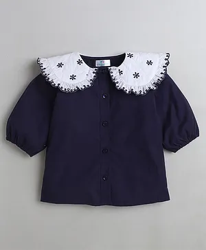Knitting Doodles Three Fourth Sleeves Chemical Schiffli Embroidered Peter Pan Collar Short - Blue