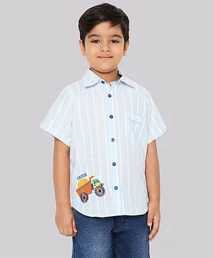 Knitting Doodles Half Sleeves Truck Placement Embroidered & Striped Shirt - Blue