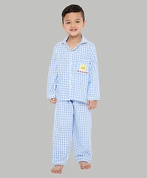 Knitting Doodles Full Sleeves Checked Sun Design Night Suit - Blue