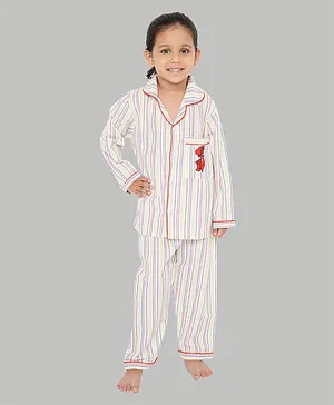 Knitting Doodles Full Sleeves Striped Night Suit - White