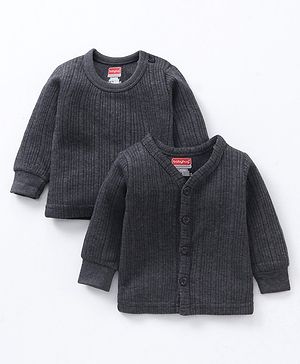 Babyhug Full Sleeves Front Open and Pullover Solid Color Thermal Wear Pack Of 2- Dark Grey - Preemie Grey