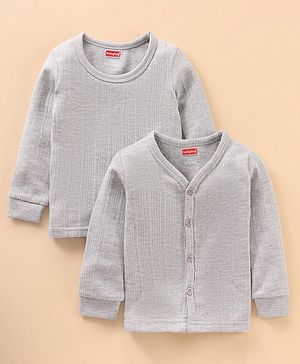 Babyhug Full Sleeves Front Open and Pullover Solid Color Thermal Wear - Light Grey