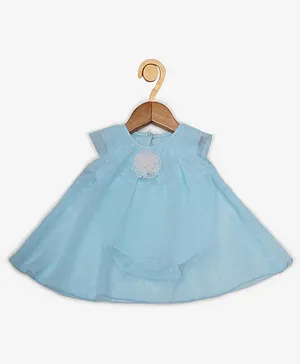 Creative Kids Cap Sleeves Flower Appliqued Self Design Romper Dress - Turquoise Blue
