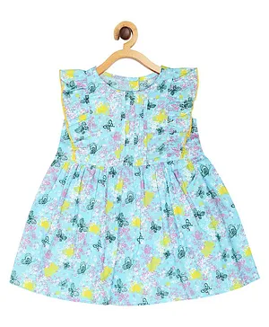 Creative Kids Butterfly Printed Cap Frill Sleeves Fit And Flare Dress - Light Blue