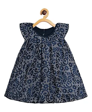 Creative Kids Cap Sleeves Floral Print Romper Dress - Dark Blue