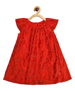 Creative Kids Cap Sleeves Floral Printed Romper Dress - Red