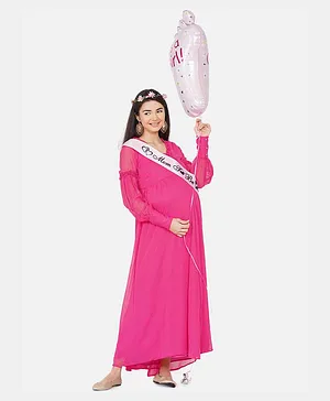 Mine4Nine Full Sleeves Solid Flared Baby Shower Dress - Pink