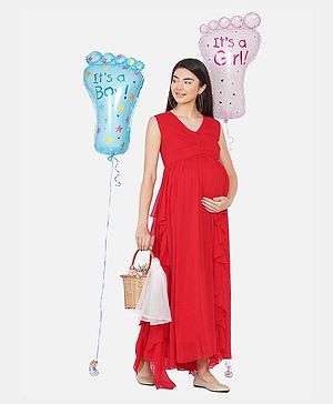 Mine4Nine Sleeveless Solid Ruffle Panel Detail Flared Baby Shower Dress - Red