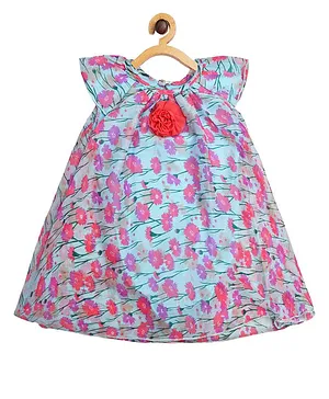 Creative Kids Short Sleeves Floral Print Romper Dress With Lining Snap Button Detail - Pink