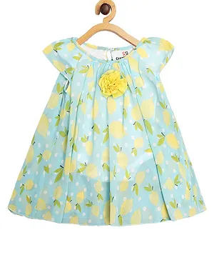 Creative Kids Short Sleeves Lemon Print Romper Dress With Lining Snap Button Detail - Sea Green