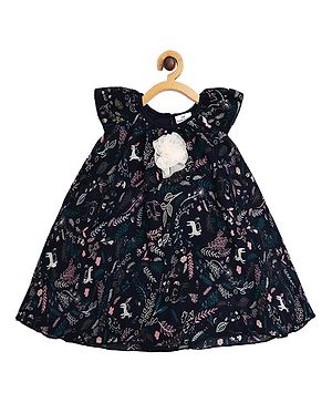 Creative Kids Short Sleeves Floral Applique Detail Leaves Printed Romper Dress With Lining Snap Button Detail - Navy Blue