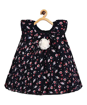 Creative Kids Short Sleeves Floral Applique Detail Flowers Printed Romper Dress With Lining Snap Button Detail - Navy Blue
