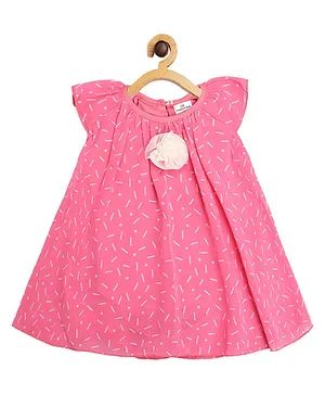 Creative Kids Short Sleeves Floral Applique Detail Abstract Printed Romper Dress With Lining Snap Button Detail - Pink