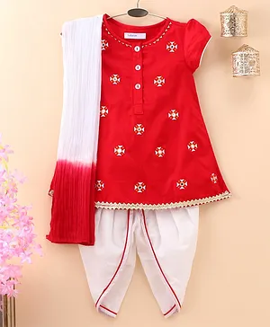 Babyoye Poly Cotton Short Sleeves Embellished Dhoti Kurta Set With Dupatta - Red