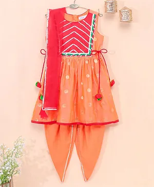 Babyoye Poly Cotton Sleeves Kurti Dhoti Set With Dupatta - Orange