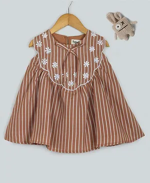 Hugsntugs Sleeveless Striped & Floral Embroidered Top - Brown