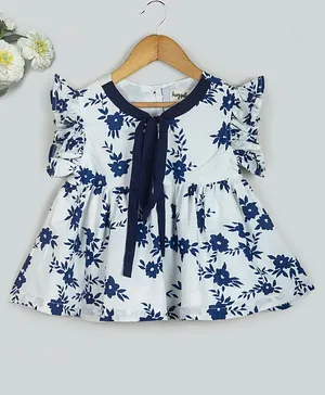 Hugsntugs Cap Frill Sleeves Floral Printed With Front Tie Up Top - White & Navy Blue