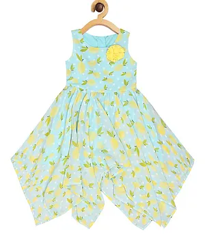Creative Kids Sleeveless All Over Lemons Printed & Flower Appliqued Fit & Flare Dress - Green