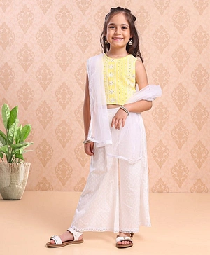 Babyhug Sleeveless Top & Palazzo With Net Dupatta Floral Embroidered - Yellow