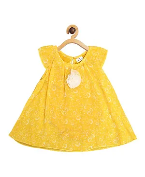 Creative Kids Floral Printed & Appliqued Short Sleeves Romper Dress - Yellow