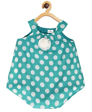Creative Kids Sleeveless Tulle Flower Applique Polka Dot Print Dress Style Romper - Turquoise Blue