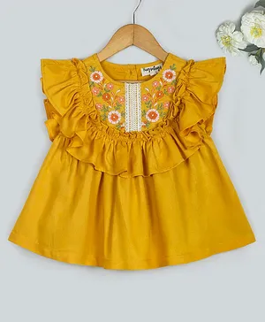 Hugsntugs Cap Frill Sleeves Solid Floral Placement Embroidered At Yoke With Contrast Lace Appliqued Top -Yellow