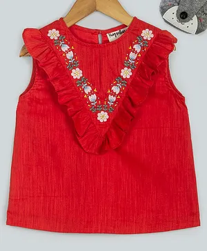 Hugsntugs Cap Frill Sleeves  With Embroidered At Yoke Solid Top - Red