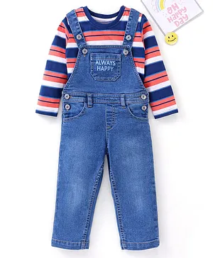 Babyhug Full Sleeves Striped T-Shirt And Dungaree Text Print - Blue Multicolour