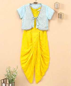 Babyoye Rayon Dhoti Style Ethnic Jumpsuit with Half Sleeves Embroidered Jacket - Yellow Light Blue