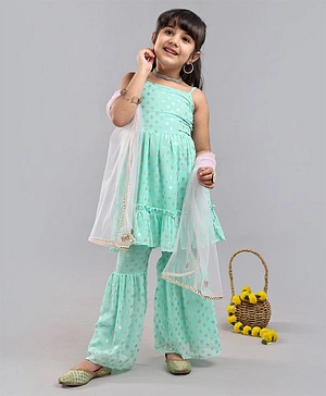 Babyoye Sleeveless Kurti & Sharara Set Ethnic Print - Blue