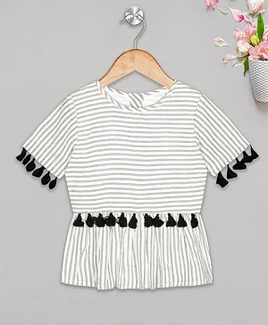 Budding Bees Short Sleeves Striped Tasselled Top - White