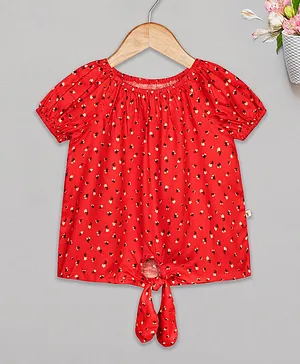 Budding Bees Girls Red Floral Knotted Top - Red