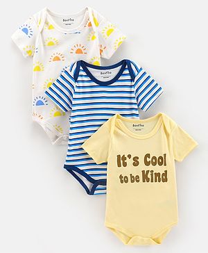Bonfino Half Sleeves Cotton Onesies Statement Print and Striped Pack of 3 - Off White Yellow Blue