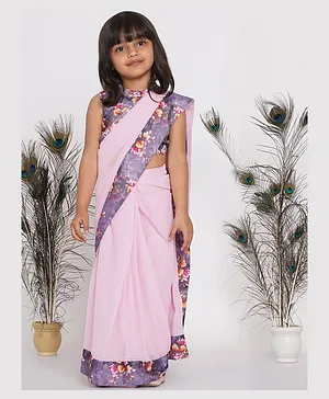 Little Bansi Sleeveless Floral Print Ready To Wear Saree & Blouse - Lavender