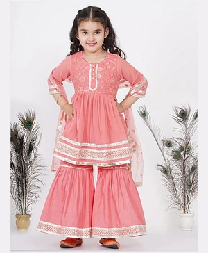 Little Bansi Three Fourth Sleeves Jaipuri Lacework & Gotta Patti Work Gathered Flare Kurta & Sharara With Dupatta - Coral