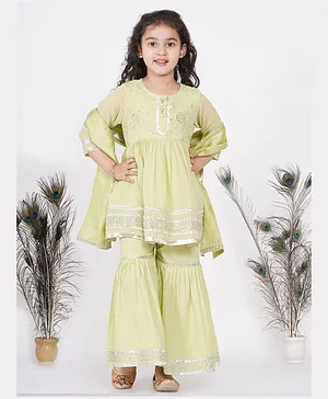 Little Bansi Three Fourth Sleeves Jaipuri Lacework & Gotta Patti Work Gathered Flare Kurta & Sharara With Dupatta - Classic Green