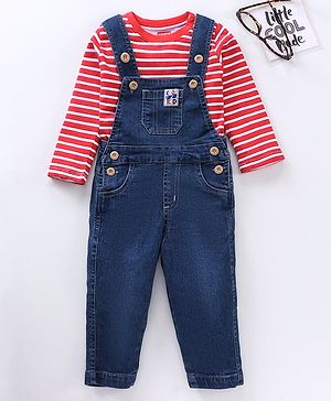 Babyhug Full Sleeves Striped T-Shirt and Dungaree Set Multiprint - Multicolor Blue