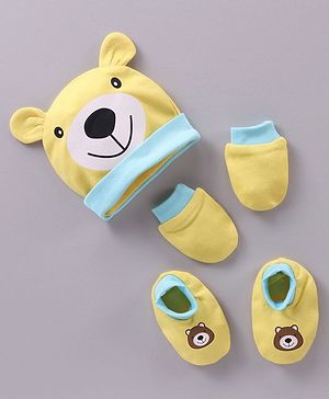 Babyhug 100% Cotton Cap Mittens & Booties Bear Print Yellow - Diameter 11 cm