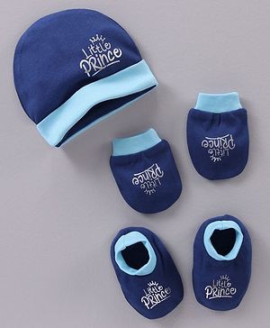 Babyhug 100% Cotton Cap Mittens And Booties Navy Blue - Cap Diameter 11.5 cm