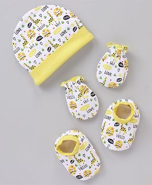 Babyhug 100% Cotton Cap Mittens And Booties White Yellow - Cap Diameter 11.5 cm