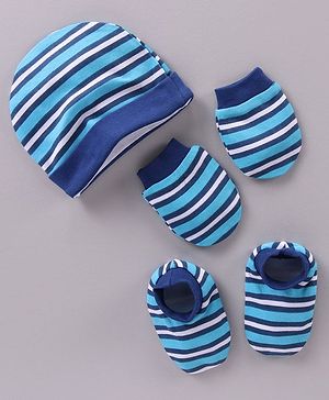 Babyhug 100% Cotton Cap Mittens & Booties Striped Blue - Diameter 11 cm