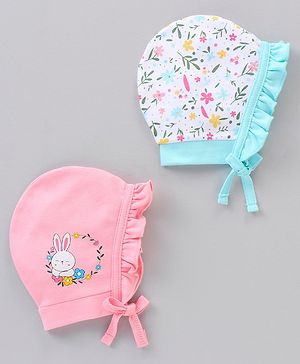 Babyhug 100% Cotton Knit Tie Knot Caps Floral Printed Pack of 2 Pink White- Diameter 6.5 cm