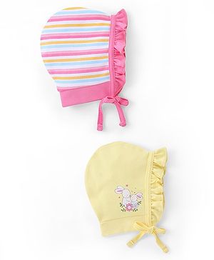 Babyhug 100% Cotton Knit Tie Knot Caps Striped And Rabbit Printed Pack of 2 Pink Yellow- Diameter 12 cm