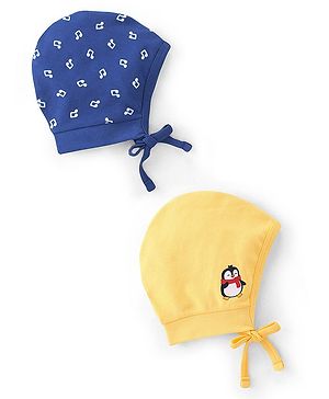 Babyhug 100% Cotton Caps Pack of 2 Music & Penguin Print Blue Yellow - Diameter 13 cm